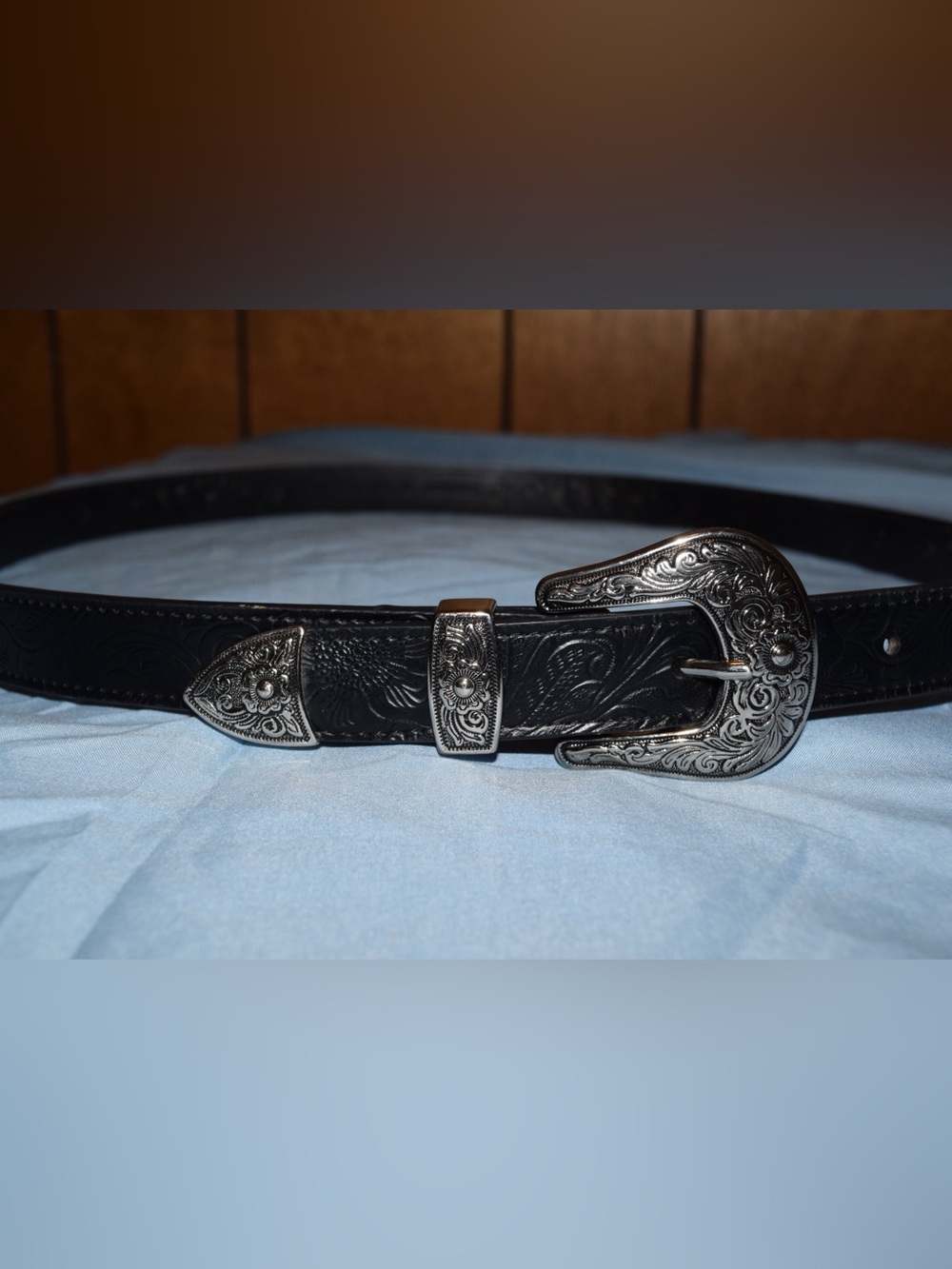 Genuine Leather XL Western Studded Belt Black Ornate Silver Buckle